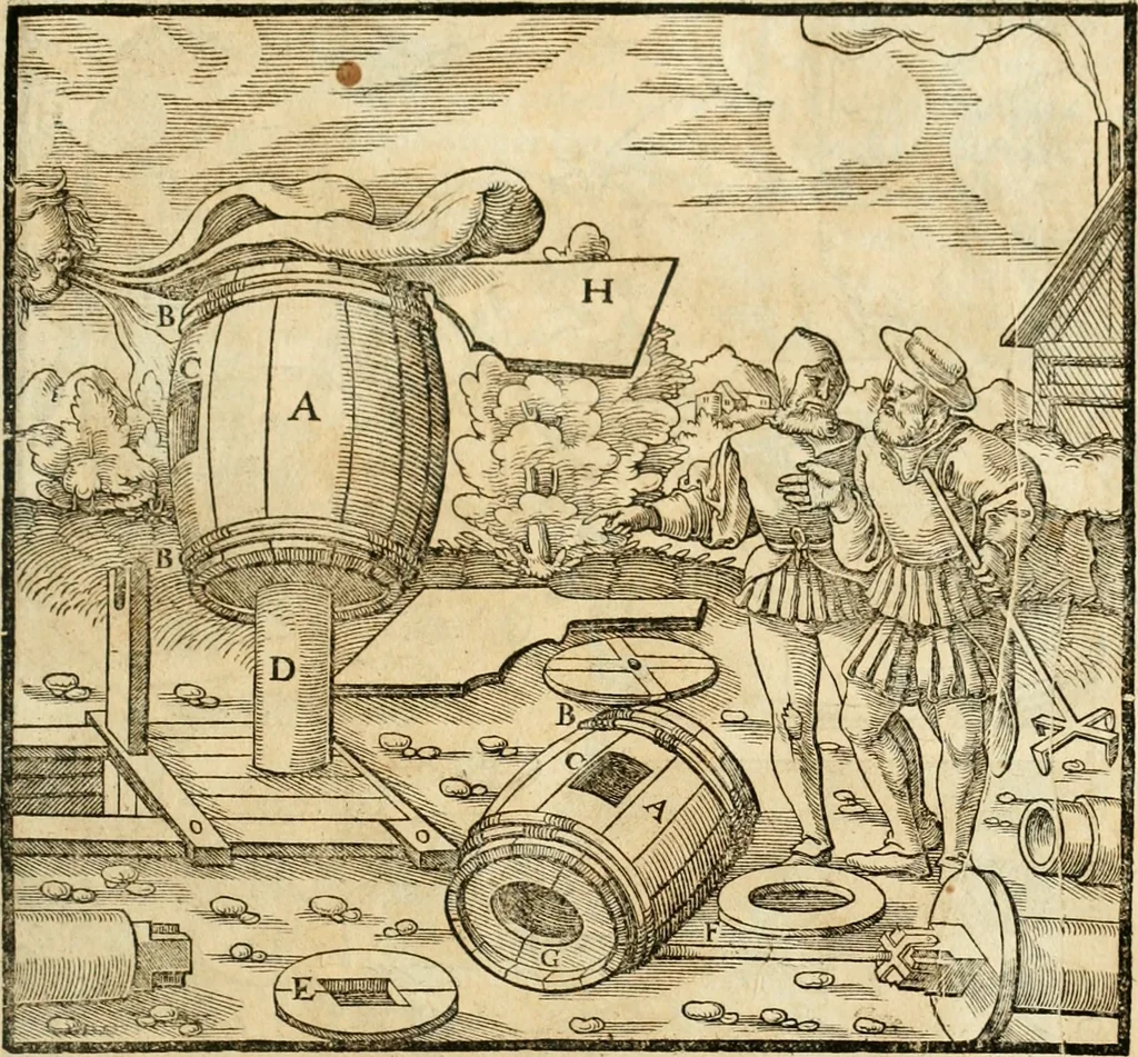 An illustration from Georgii Agricolae De re metallica libri XII. qvibus officia, instrumenta, machinae, ac omnia deni ad metallicam spectantia, non modo luculentissimè describuntur, sed & per effigies, suis locis insertas, adiunctis latinis, germanicis appellationibus ita ob oculos ponuntur, ut clarius tradi non possint. Eivsdem De animantibvs svbterraneis liber, ab autore recognitus: cum indicibus diuersis, quicqiuid in opere tractatum est, pulchré demonstrantibus, 1556, leaf 180