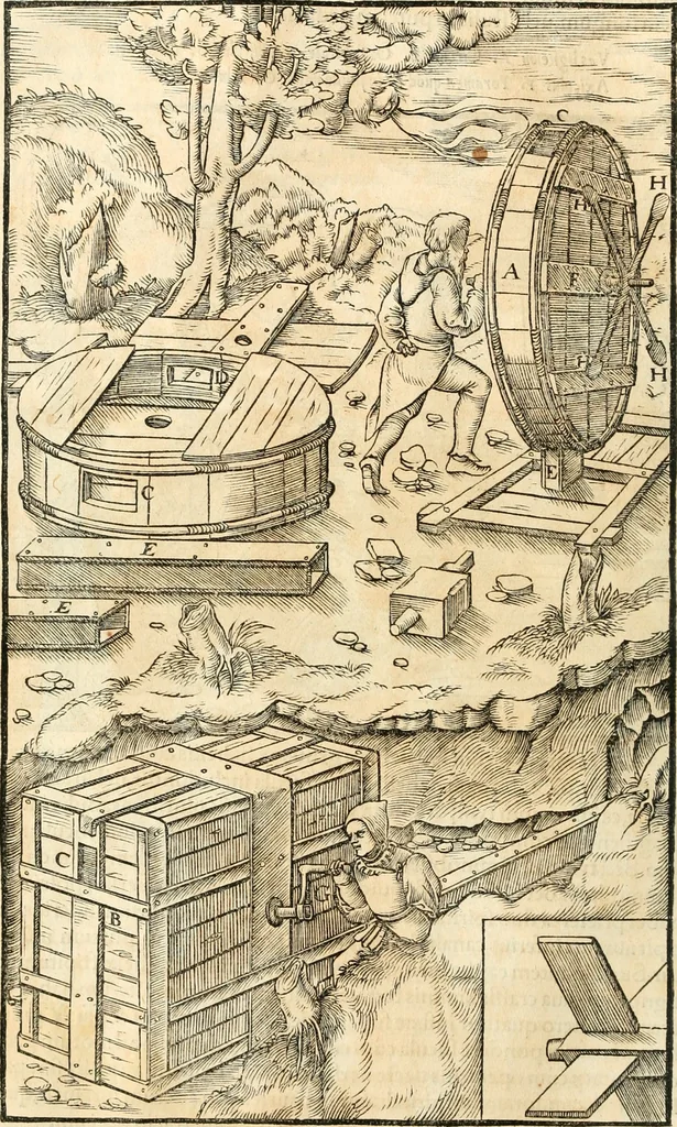 An illustration from Georgii Agricolae De re metallica libri XII. qvibus officia, instrumenta, machinae, ac omnia deni ad metallicam spectantia, non modo luculentissimè describuntur, sed & per effigies, suis locis insertas, adiunctis latinis, germanicis appellationibus ita ob oculos ponuntur, ut clarius tradi non possint. Eivsdem De animantibvs svbterraneis liber, ab autore recognitus: cum indicibus diuersis, quicqiuid in opere tractatum est, pulchré demonstrantibus, 1556, leaf 181