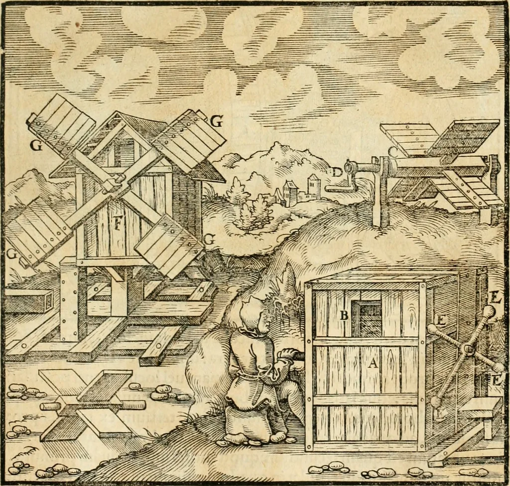 An illustration from Georgii Agricolae De re metallica libri XII. qvibus officia, instrumenta, machinae, ac omnia deni ad metallicam spectantia, non modo luculentissimè describuntur, sed & per effigies, suis locis insertas, adiunctis latinis, germanicis appellationibus ita ob oculos ponuntur, ut clarius tradi non possint. Eivsdem De animantibvs svbterraneis liber, ab autore recognitus: cum indicibus diuersis, quicqiuid in opere tractatum est, pulchré demonstrantibus, 1556, leaf 182