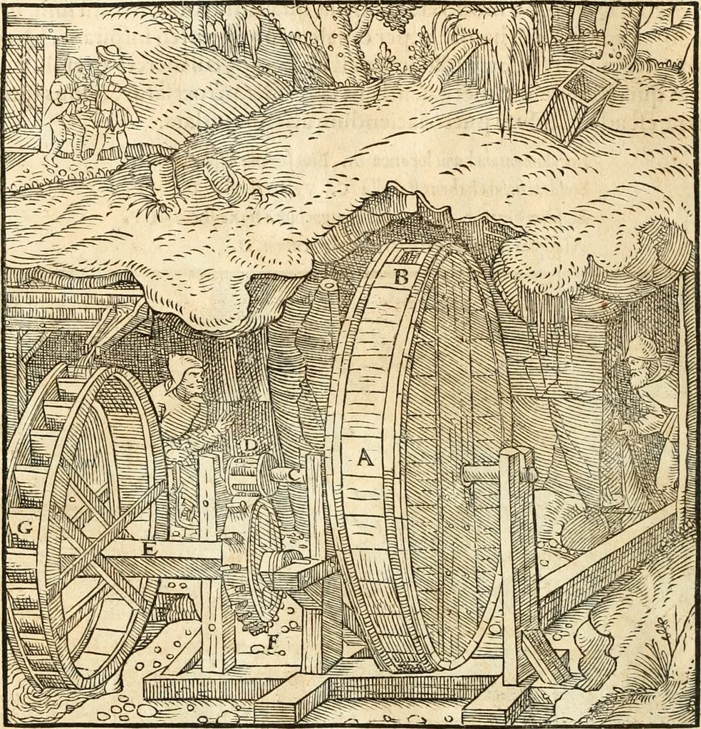 An illustration from Georgii Agricolae De re metallica libri XII. qvibus officia, instrumenta, machinae, ac omnia deni ad metallicam spectantia, non modo luculentissimè describuntur, sed & per effigies, suis locis insertas, adiunctis latinis, germanicis appellationibus ita ob oculos ponuntur, ut clarius tradi non possint. Eivsdem De animantibvs svbterraneis liber, ab autore recognitus: cum indicibus diuersis, quicqiuid in opere tractatum est, pulchré demonstrantibus, 1556, leaf 183