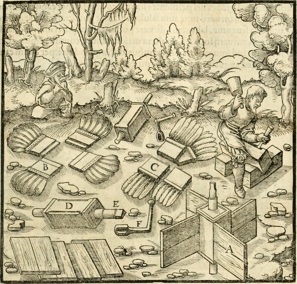 An illustration from Georgii Agricolae De re metallica libri XII. qvibus officia, instrumenta, machinae, ac omnia deni ad metallicam spectantia, non modo luculentissimè describuntur, sed & per effigies, suis locis insertas, adiunctis latinis, germanicis appellationibus ita ob oculos ponuntur, ut clarius tradi non possint. Eivsdem De animantibvs svbterraneis liber, ab autore recognitus: cum indicibus diuersis, quicqiuid in opere tractatum est, pulchré demonstrantibus, 1556, leaf 184