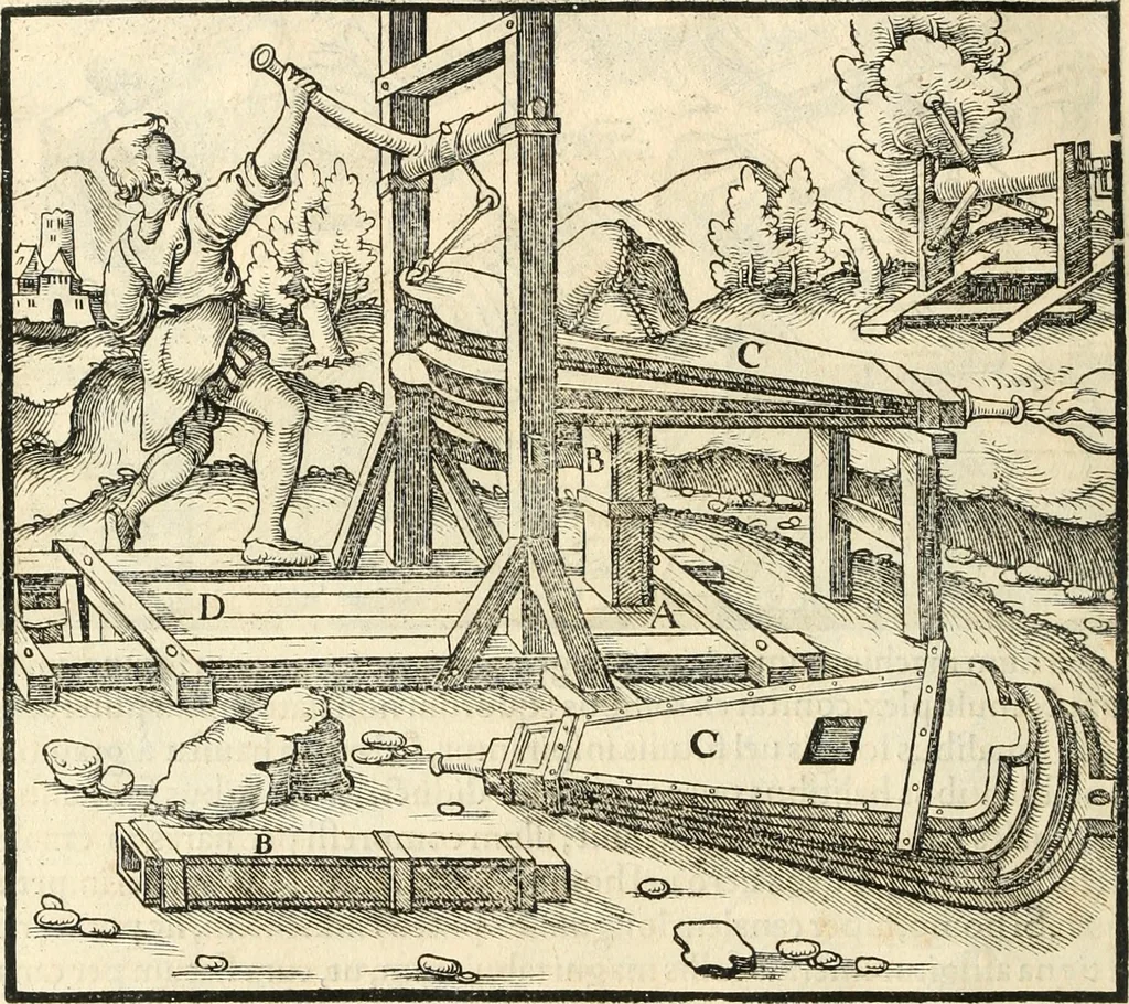 An illustration from Georgii Agricolae De re metallica libri XII. qvibus officia, instrumenta, machinae, ac omnia deni ad metallicam spectantia, non modo luculentissimè describuntur, sed & per effigies, suis locis insertas, adiunctis latinis, germanicis appellationibus ita ob oculos ponuntur, ut clarius tradi non possint. Eivsdem De animantibvs svbterraneis liber, ab autore recognitus: cum indicibus diuersis, quicqiuid in opere tractatum est, pulchré demonstrantibus, 1556, leaf 185