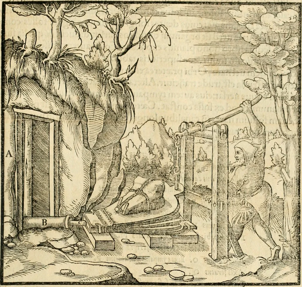 An illustration from Georgii Agricolae De re metallica libri XII. qvibus officia, instrumenta, machinae, ac omnia deni ad metallicam spectantia, non modo luculentissimè describuntur, sed & per effigies, suis locis insertas, adiunctis latinis, germanicis appellationibus ita ob oculos ponuntur, ut clarius tradi non possint. Eivsdem De animantibvs svbterraneis liber, ab autore recognitus: cum indicibus diuersis, quicqiuid in opere tractatum est, pulchré demonstrantibus, 1556, leaf 186