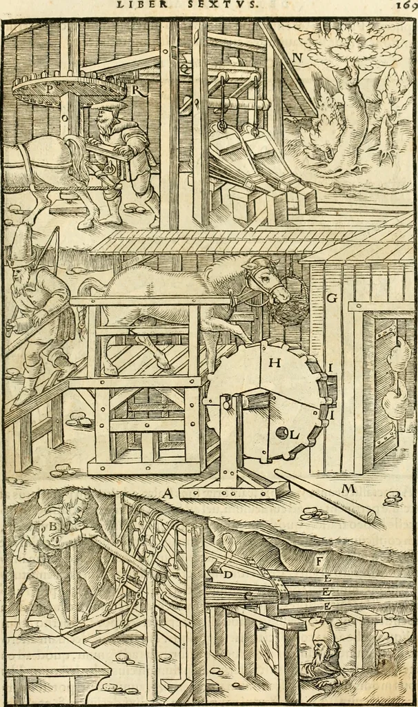 An illustration from Georgii Agricolae De re metallica libri XII. qvibus officia, instrumenta, machinae, ac omnia deni ad metallicam spectantia, non modo luculentissimè describuntur, sed & per effigies, suis locis insertas, adiunctis latinis, germanicis appellationibus ita ob oculos ponuntur, ut clarius tradi non possint. Eivsdem De animantibvs svbterraneis liber, ab autore recognitus: cum indicibus diuersis, quicqiuid in opere tractatum est, pulchré demonstrantibus, 1556, leaf 188