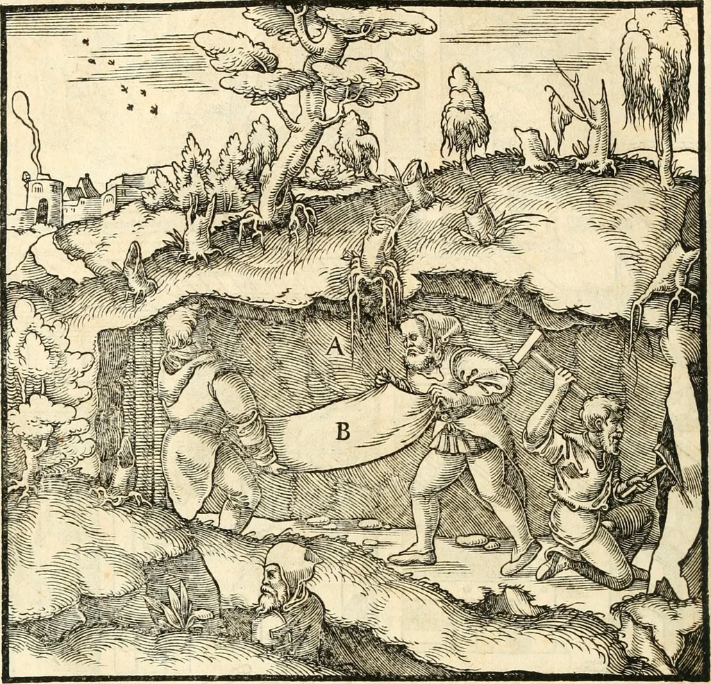 An illustration from Georgii Agricolae De re metallica libri XII. qvibus officia, instrumenta, machinae, ac omnia deni ad metallicam spectantia, non modo luculentissimè describuntur, sed & per effigies, suis locis insertas, adiunctis latinis, germanicis appellationibus ita ob oculos ponuntur, ut clarius tradi non possint. Eivsdem De animantibvs svbterraneis liber, ab autore recognitus: cum indicibus diuersis, quicqiuid in opere tractatum est, pulchré demonstrantibus, 1556, leaf 189