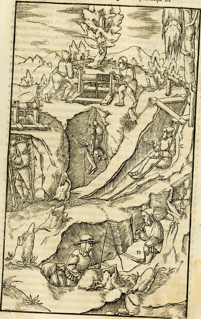 An illustration from Georgii Agricolae De re metallica libri XII. qvibus officia, instrumenta, machinae, ac omnia deni ad metallicam spectantia, non modo luculentissimè describuntur, sed & per effigies, suis locis insertas, adiunctis latinis, germanicis appellationibus ita ob oculos ponuntur, ut clarius tradi non possint. Eivsdem De animantibvs svbterraneis liber, ab autore recognitus: cum indicibus diuersis, quicqiuid in opere tractatum est, pulchré demonstrantibus, 1556, leaf 190
