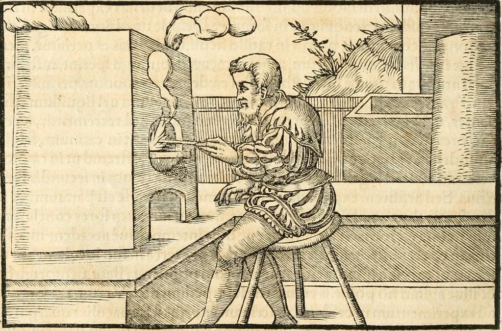 An illustration from Georgii Agricolae De re metallica libri XII. qvibus officia, instrumenta, machinae, ac omnia deni ad metallicam spectantia, non modo luculentissimè describuntur, sed & per effigies, suis locis insertas, adiunctis latinis, germanicis appellationibus ita ob oculos ponuntur, ut clarius tradi non possint. Eivsdem De animantibvs svbterraneis liber, ab autore recognitus: cum indicibus diuersis, quicqiuid in opere tractatum est, pulchré demonstrantibus, 1556, leaf 195