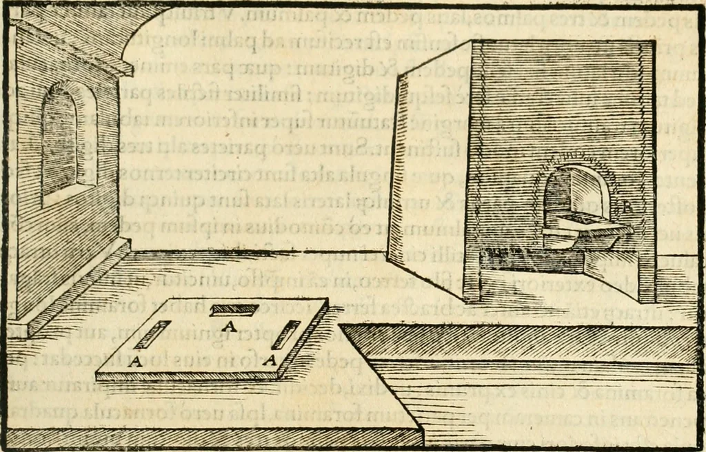 An illustration from Georgii Agricolae De re metallica libri XII. qvibus officia, instrumenta, machinae, ac omnia deni ad metallicam spectantia, non modo luculentissimè describuntur, sed & per effigies, suis locis insertas, adiunctis latinis, germanicis appellationibus ita ob oculos ponuntur, ut clarius tradi non possint. Eivsdem De animantibvs svbterraneis liber, ab autore recognitus: cum indicibus diuersis, quicqiuid in opere tractatum est, pulchré demonstrantibus, 1556, leaf 196