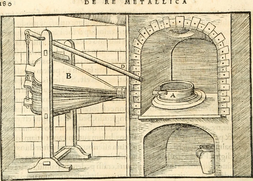 An illustration from Georgii Agricolae De re metallica libri XII. qvibus officia, instrumenta, machinae, ac omnia deni ad metallicam spectantia, non modo luculentissimè describuntur, sed & per effigies, suis locis insertas, adiunctis latinis, germanicis appellationibus ita ob oculos ponuntur, ut clarius tradi non possint. Eivsdem De animantibvs svbterraneis liber, ab autore recognitus: cum indicibus diuersis, quicqiuid in opere tractatum est, pulchré demonstrantibus, 1556, leaf 199