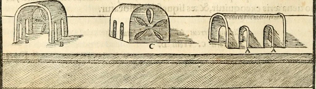 An illustration from Georgii Agricolae De re metallica libri XII. qvibus officia, instrumenta, machinae, ac omnia deni ad metallicam spectantia, non modo luculentissimè describuntur, sed & per effigies, suis locis insertas, adiunctis latinis, germanicis appellationibus ita ob oculos ponuntur, ut clarius tradi non possint. Eivsdem De animantibvs svbterraneis liber, ab autore recognitus: cum indicibus diuersis, quicqiuid in opere tractatum est, pulchré demonstrantibus, 1556, leaf 199