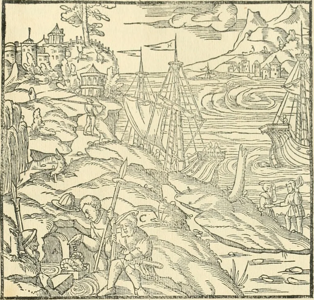 An illustration from Georgii Agricolae De re metallica libri XII. qvibus officia, instrumenta, machinae, ac omnia deni ad metallicam spectantia, non modo luculentissimè describuntur, sed & per effigies, suis locis insertas, adiunctis latinis, germanicis appellationibus ita ob oculos ponuntur, ut clarius tradi non possint. Eivsdem De animantibvs svbterraneis liber, ab autore recognitus: cum indicibus diuersis, quicqiuid in opere tractatum est, pulchré demonstrantibus, 1556, leaf 2