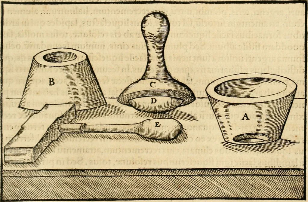 An illustration from Georgii Agricolae De re metallica libri XII. qvibus officia, instrumenta, machinae, ac omnia deni ad metallicam spectantia, non modo luculentissimè describuntur, sed & per effigies, suis locis insertas, adiunctis latinis, germanicis appellationibus ita ob oculos ponuntur, ut clarius tradi non possint. Eivsdem De animantibvs svbterraneis liber, ab autore recognitus: cum indicibus diuersis, quicqiuid in opere tractatum est, pulchré demonstrantibus, 1556, leaf 202