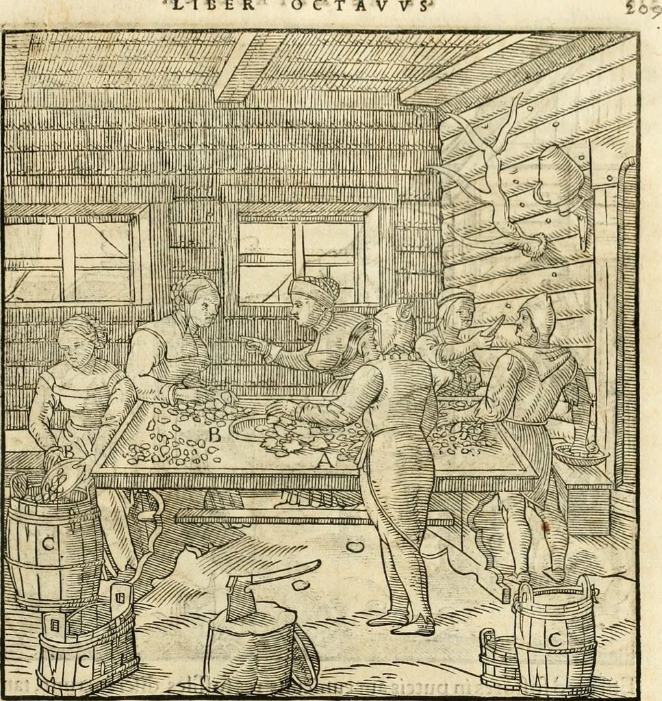 An illustration from Georgii Agricolae De re metallica libri XII. qvibus officia, instrumenta, machinae, ac omnia deni ad metallicam spectantia, non modo luculentissimè describuntur, sed & per effigies, suis locis insertas, adiunctis latinis, germanicis appellationibus ita ob oculos ponuntur, ut clarius tradi non possint. Eivsdem De animantibvs svbterraneis liber, ab autore recognitus: cum indicibus diuersis, quicqiuid in opere tractatum est, pulchré demonstrantibus, 1556, leaf 228