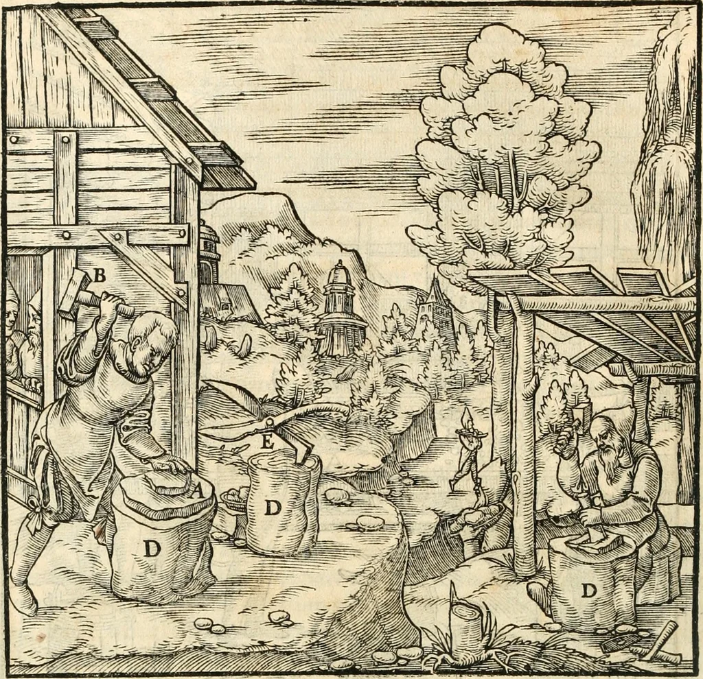 An illustration from Georgii Agricolae De re metallica libri XII. qvibus officia, instrumenta, machinae, ac omnia deni ad metallicam spectantia, non modo luculentissimè describuntur, sed & per effigies, suis locis insertas, adiunctis latinis, germanicis appellationibus ita ob oculos ponuntur, ut clarius tradi non possint. Eivsdem De animantibvs svbterraneis liber, ab autore recognitus: cum indicibus diuersis, quicqiuid in opere tractatum est, pulchré demonstrantibus, 1556, leaf 229
