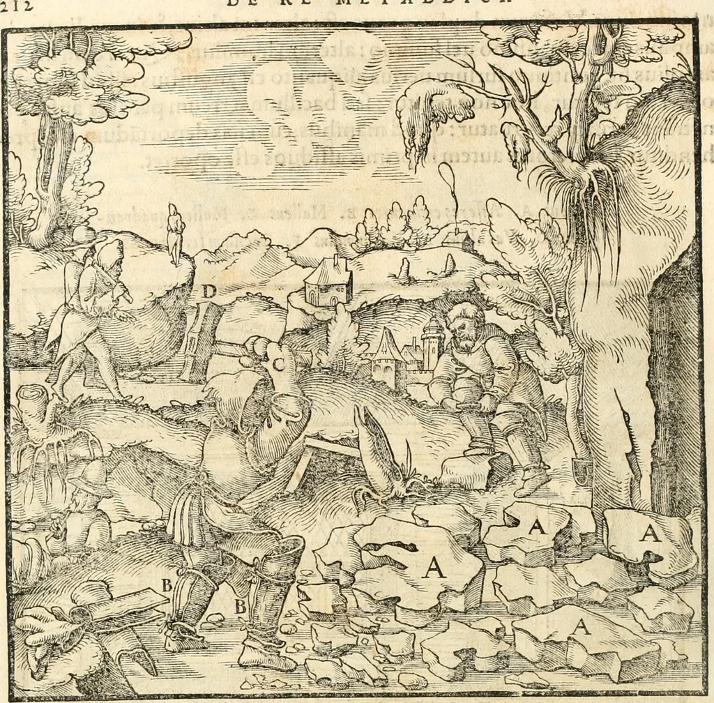 An illustration from Georgii Agricolae De re metallica libri XII. qvibus officia, instrumenta, machinae, ac omnia deni ad metallicam spectantia, non modo luculentissimè describuntur, sed & per effigies, suis locis insertas, adiunctis latinis, germanicis appellationibus ita ob oculos ponuntur, ut clarius tradi non possint. Eivsdem De animantibvs svbterraneis liber, ab autore recognitus: cum indicibus diuersis, quicqiuid in opere tractatum est, pulchré demonstrantibus, 1556, leaf 231