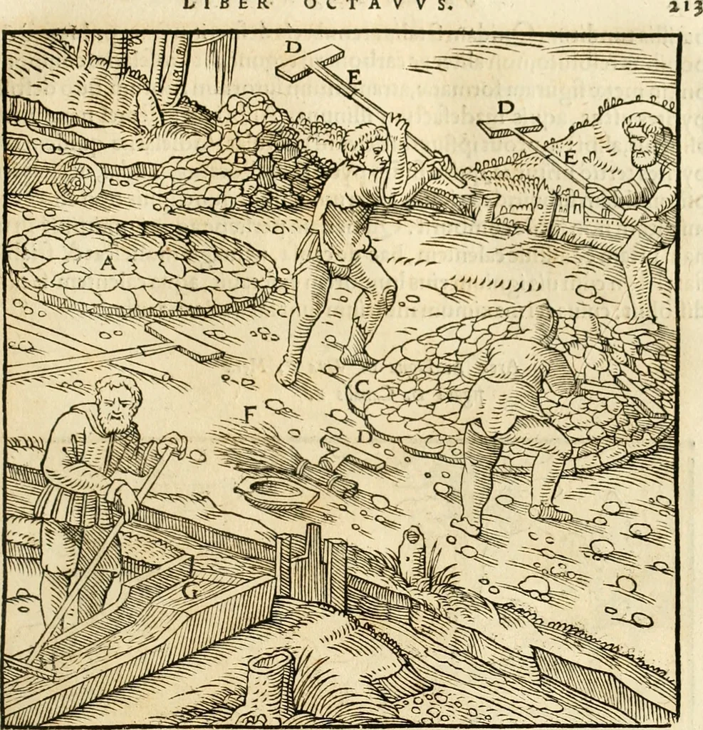 An illustration from Georgii Agricolae De re metallica libri XII. qvibus officia, instrumenta, machinae, ac omnia deni ad metallicam spectantia, non modo luculentissimè describuntur, sed & per effigies, suis locis insertas, adiunctis latinis, germanicis appellationibus ita ob oculos ponuntur, ut clarius tradi non possint. Eivsdem De animantibvs svbterraneis liber, ab autore recognitus: cum indicibus diuersis, quicqiuid in opere tractatum est, pulchré demonstrantibus, 1556, leaf 232