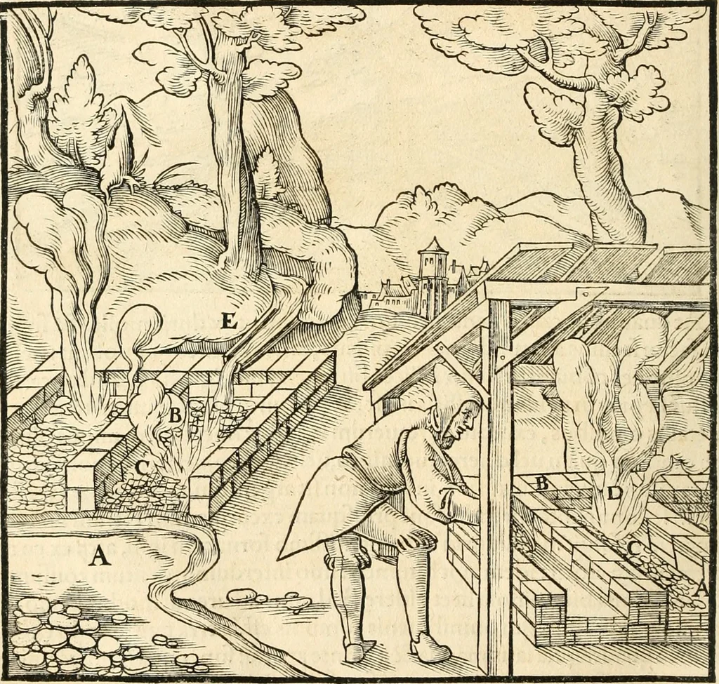 An illustration from Georgii Agricolae De re metallica libri XII. qvibus officia, instrumenta, machinae, ac omnia deni ad metallicam spectantia, non modo luculentissimè describuntur, sed & per effigies, suis locis insertas, adiunctis latinis, germanicis appellationibus ita ob oculos ponuntur, ut clarius tradi non possint. Eivsdem De animantibvs svbterraneis liber, ab autore recognitus: cum indicibus diuersis, quicqiuid in opere tractatum est, pulchré demonstrantibus, 1556, leaf 233