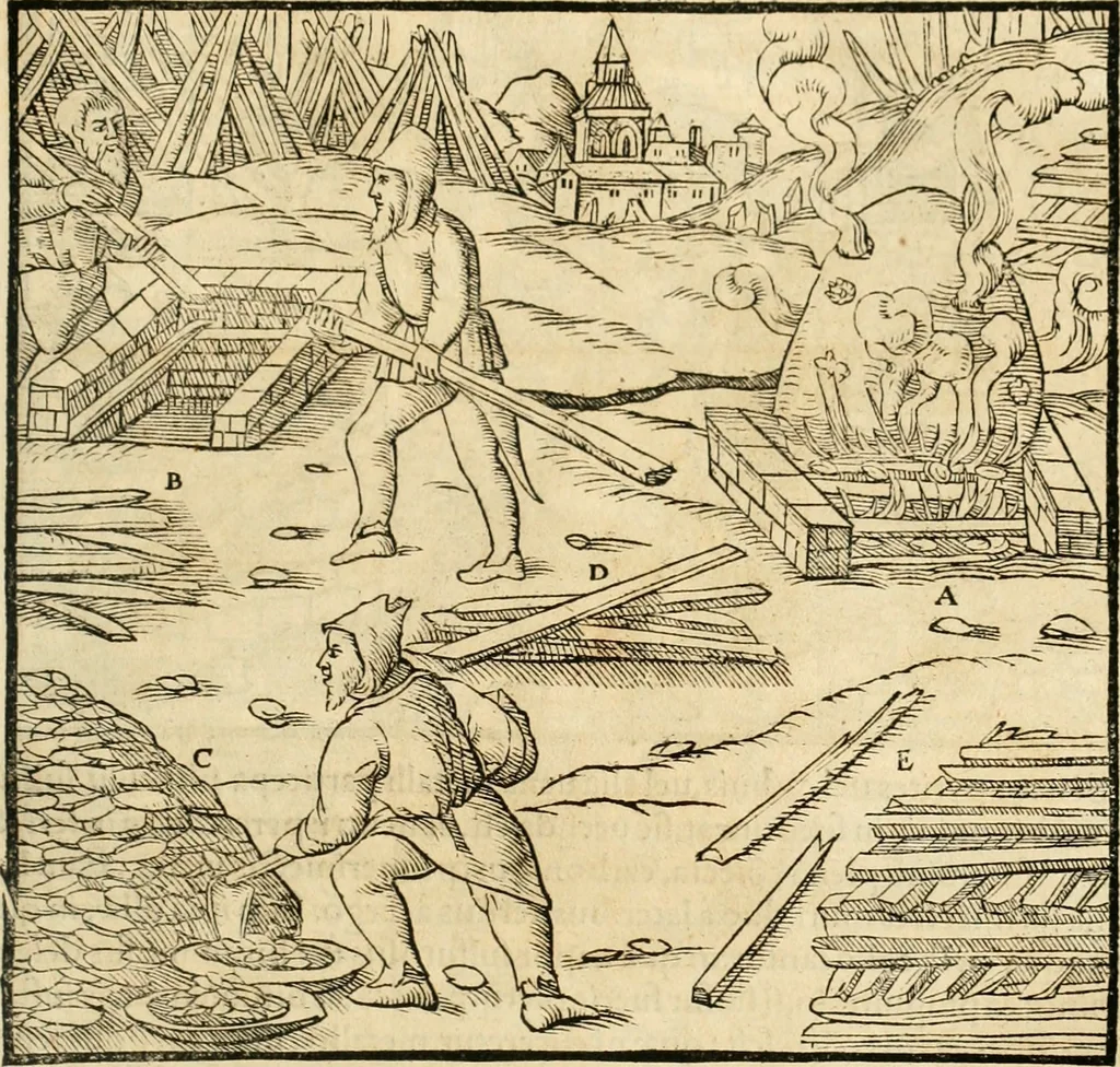 An illustration from Georgii Agricolae De re metallica libri XII. qvibus officia, instrumenta, machinae, ac omnia deni ad metallicam spectantia, non modo luculentissimè describuntur, sed & per effigies, suis locis insertas, adiunctis latinis, germanicis appellationibus ita ob oculos ponuntur, ut clarius tradi non possint. Eivsdem De animantibvs svbterraneis liber, ab autore recognitus: cum indicibus diuersis, quicqiuid in opere tractatum est, pulchré demonstrantibus, 1556, leaf 234