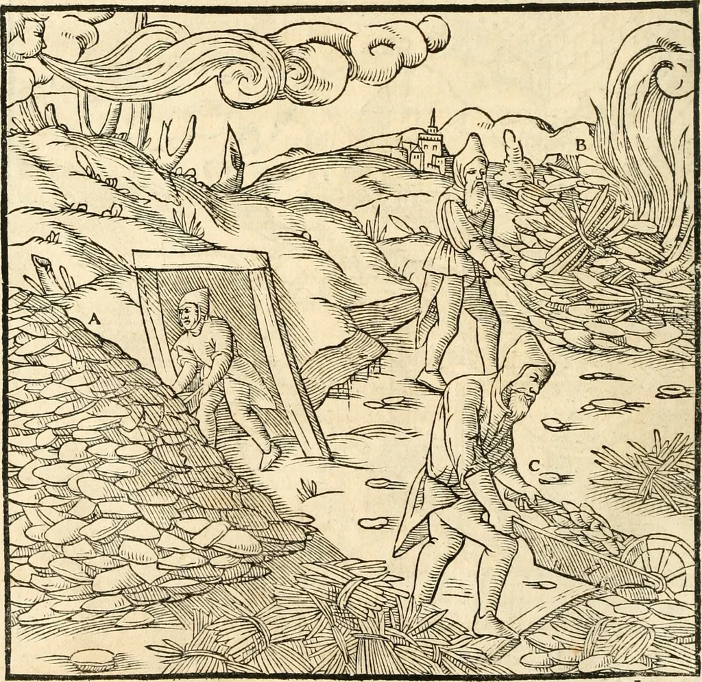 An illustration from Georgii Agricolae De re metallica libri XII. qvibus officia, instrumenta, machinae, ac omnia deni ad metallicam spectantia, non modo luculentissimè describuntur, sed & per effigies, suis locis insertas, adiunctis latinis, germanicis appellationibus ita ob oculos ponuntur, ut clarius tradi non possint. Eivsdem De animantibvs svbterraneis liber, ab autore recognitus: cum indicibus diuersis, quicqiuid in opere tractatum est, pulchré demonstrantibus, 1556, leaf 237