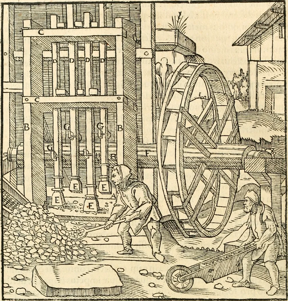 An illustration from Georgii Agricolae De re metallica libri XII. qvibus officia, instrumenta, machinae, ac omnia deni ad metallicam spectantia, non modo luculentissimè describuntur, sed & per effigies, suis locis insertas, adiunctis latinis, germanicis appellationibus ita ob oculos ponuntur, ut clarius tradi non possint. Eivsdem De animantibvs svbterraneis liber, ab autore recognitus: cum indicibus diuersis, quicqiuid in opere tractatum est, pulchré demonstrantibus, 1556, leaf 239