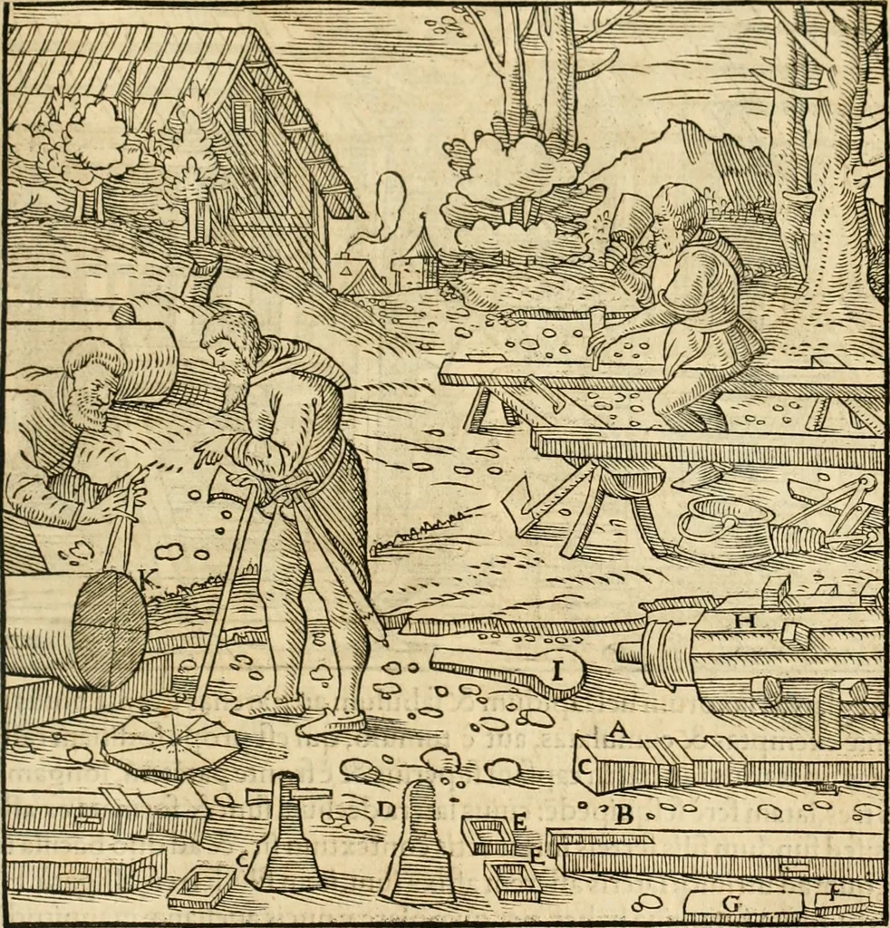 An illustration from Georgii Agricolae De re metallica libri XII. qvibus officia, instrumenta, machinae, ac omnia deni ad metallicam spectantia, non modo luculentissimè describuntur, sed & per effigies, suis locis insertas, adiunctis latinis, germanicis appellationibus ita ob oculos ponuntur, ut clarius tradi non possint. Eivsdem De animantibvs svbterraneis liber, ab autore recognitus: cum indicibus diuersis, quicqiuid in opere tractatum est, pulchré demonstrantibus, 1556, leaf 240