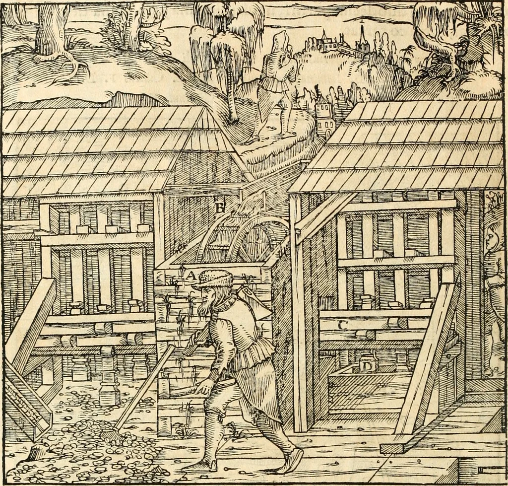 An illustration from Georgii Agricolae De re metallica libri XII. qvibus officia, instrumenta, machinae, ac omnia deni ad metallicam spectantia, non modo luculentissimè describuntur, sed & per effigies, suis locis insertas, adiunctis latinis, germanicis appellationibus ita ob oculos ponuntur, ut clarius tradi non possint. Eivsdem De animantibvs svbterraneis liber, ab autore recognitus: cum indicibus diuersis, quicqiuid in opere tractatum est, pulchré demonstrantibus, 1556, leaf 241