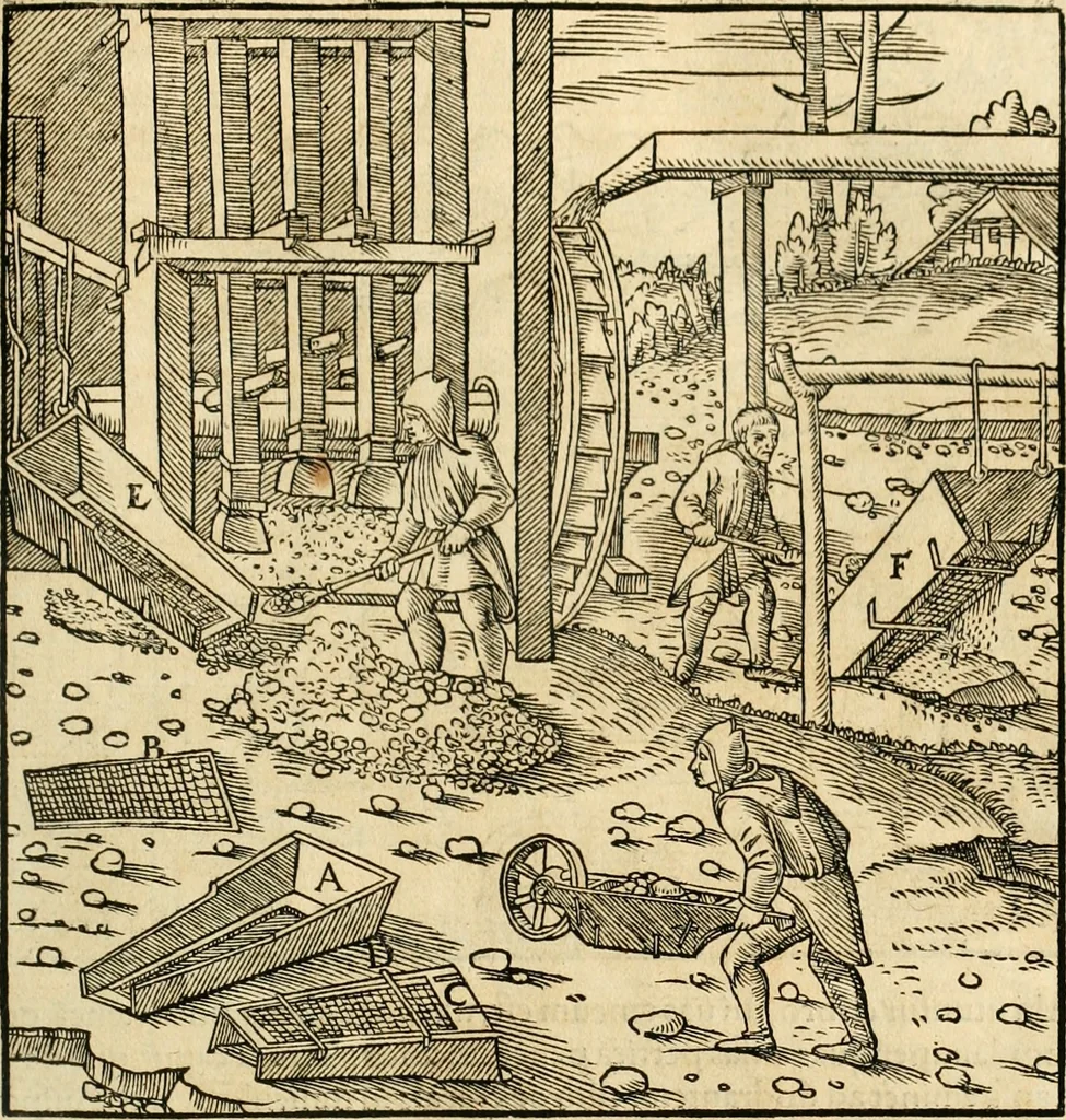 An illustration from Georgii Agricolae De re metallica libri XII. qvibus officia, instrumenta, machinae, ac omnia deni ad metallicam spectantia, non modo luculentissimè describuntur, sed & per effigies, suis locis insertas, adiunctis latinis, germanicis appellationibus ita ob oculos ponuntur, ut clarius tradi non possint. Eivsdem De animantibvs svbterraneis liber, ab autore recognitus: cum indicibus diuersis, quicqiuid in opere tractatum est, pulchré demonstrantibus, 1556, leaf 242