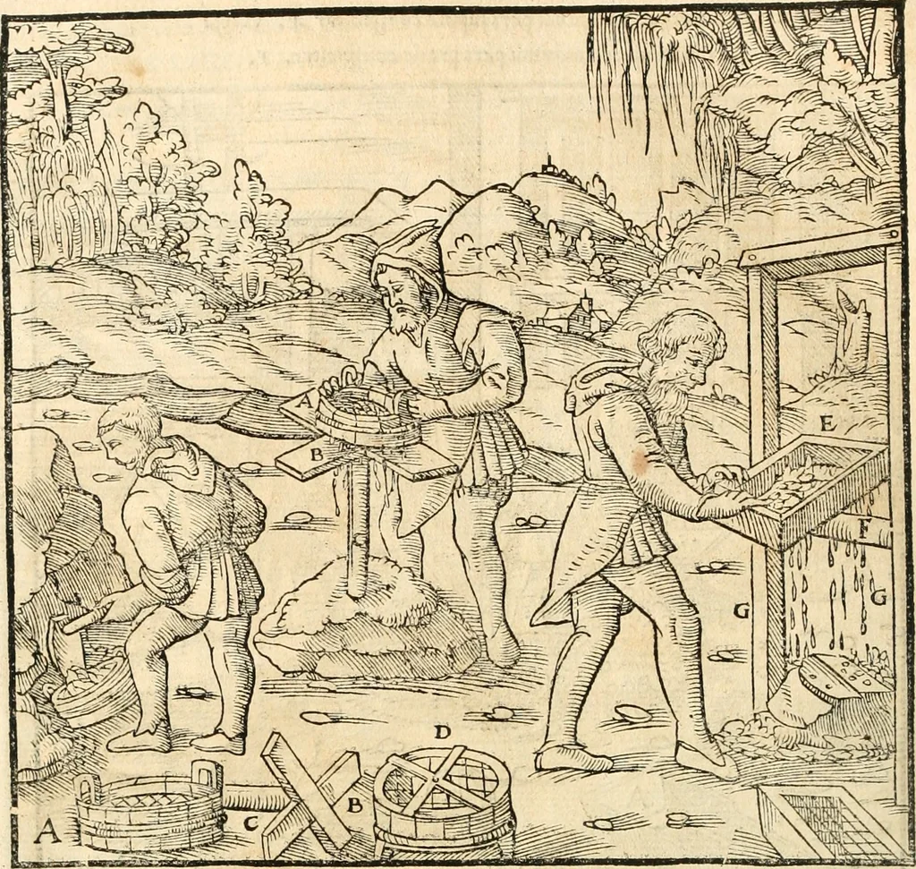 An illustration from Georgii Agricolae De re metallica libri XII. qvibus officia, instrumenta, machinae, ac omnia deni ad metallicam spectantia, non modo luculentissimè describuntur, sed & per effigies, suis locis insertas, adiunctis latinis, germanicis appellationibus ita ob oculos ponuntur, ut clarius tradi non possint. Eivsdem De animantibvs svbterraneis liber, ab autore recognitus: cum indicibus diuersis, quicqiuid in opere tractatum est, pulchré demonstrantibus, 1556, leaf 243