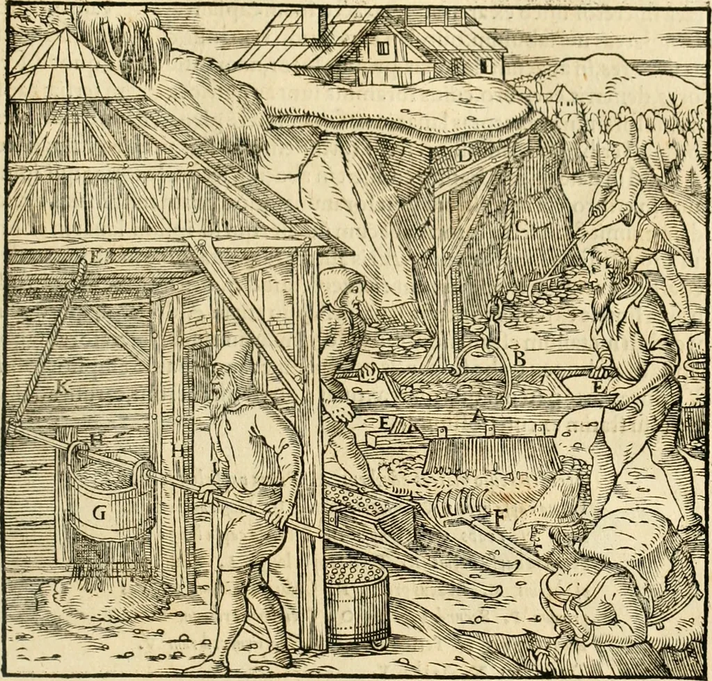 An illustration from Georgii Agricolae De re metallica libri XII. qvibus officia, instrumenta, machinae, ac omnia deni ad metallicam spectantia, non modo luculentissimè describuntur, sed & per effigies, suis locis insertas, adiunctis latinis, germanicis appellationibus ita ob oculos ponuntur, ut clarius tradi non possint. Eivsdem De animantibvs svbterraneis liber, ab autore recognitus: cum indicibus diuersis, quicqiuid in opere tractatum est, pulchré demonstrantibus, 1556, leaf 244