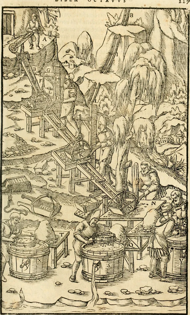 An illustration from Georgii Agricolae De re metallica libri XII. qvibus officia, instrumenta, machinae, ac omnia deni ad metallicam spectantia, non modo luculentissimè describuntur, sed & per effigies, suis locis insertas, adiunctis latinis, germanicis appellationibus ita ob oculos ponuntur, ut clarius tradi non possint. Eivsdem De animantibvs svbterraneis liber, ab autore recognitus: cum indicibus diuersis, quicqiuid in opere tractatum est, pulchré demonstrantibus, 1556, leaf 246