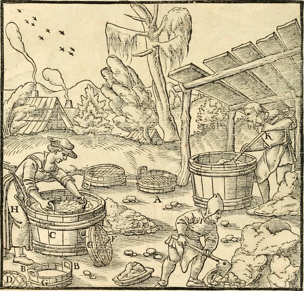 An illustration from Georgii Agricolae De re metallica libri XII. qvibus officia, instrumenta, machinae, ac omnia deni ad metallicam spectantia, non modo luculentissimè describuntur, sed & per effigies, suis locis insertas, adiunctis latinis, germanicis appellationibus ita ob oculos ponuntur, ut clarius tradi non possint. Eivsdem De animantibvs svbterraneis liber, ab autore recognitus: cum indicibus diuersis, quicqiuid in opere tractatum est, pulchré demonstrantibus, 1556, leaf 247