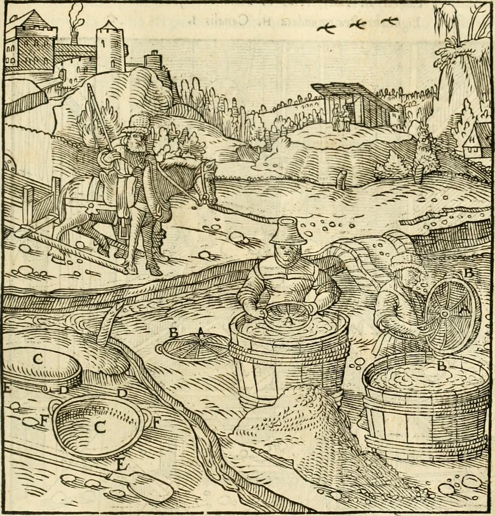 An illustration from Georgii Agricolae De re metallica libri XII. qvibus officia, instrumenta, machinae, ac omnia deni ad metallicam spectantia, non modo luculentissimè describuntur, sed & per effigies, suis locis insertas, adiunctis latinis, germanicis appellationibus ita ob oculos ponuntur, ut clarius tradi non possint. Eivsdem De animantibvs svbterraneis liber, ab autore recognitus: cum indicibus diuersis, quicqiuid in opere tractatum est, pulchré demonstrantibus, 1556, leaf 248