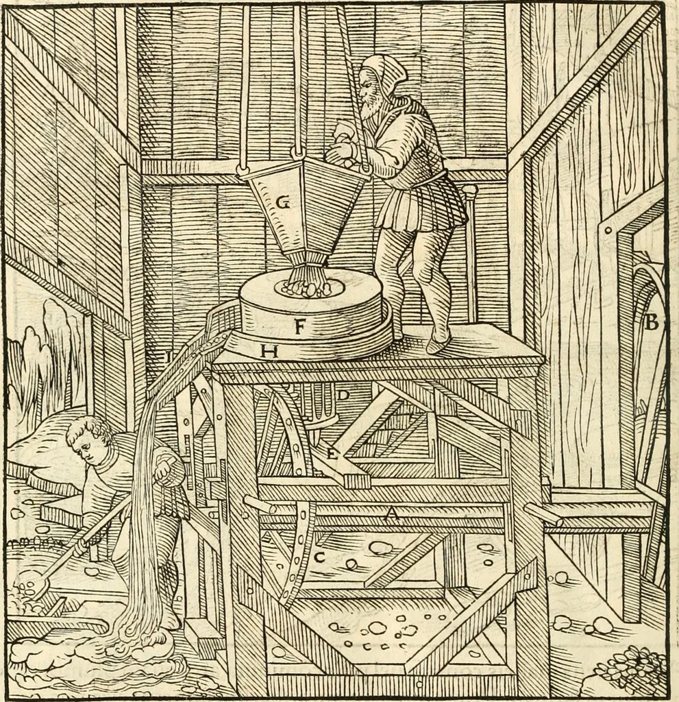 An illustration from Georgii Agricolae De re metallica libri XII. qvibus officia, instrumenta, machinae, ac omnia deni ad metallicam spectantia, non modo luculentissimè describuntur, sed & per effigies, suis locis insertas, adiunctis latinis, germanicis appellationibus ita ob oculos ponuntur, ut clarius tradi non possint. Eivsdem De animantibvs svbterraneis liber, ab autore recognitus: cum indicibus diuersis, quicqiuid in opere tractatum est, pulchré demonstrantibus, 1556, leaf 249
