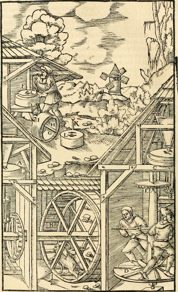 An illustration from Georgii Agricolae De re metallica libri XII. qvibus officia, instrumenta, machinae, ac omnia deni ad metallicam spectantia, non modo luculentissimè describuntur, sed & per effigies, suis locis insertas, adiunctis latinis, germanicis appellationibus ita ob oculos ponuntur, ut clarius tradi non possint. Eivsdem De animantibvs svbterraneis liber, ab autore recognitus: cum indicibus diuersis, quicqiuid in opere tractatum est, pulchré demonstrantibus, 1556, leaf 251