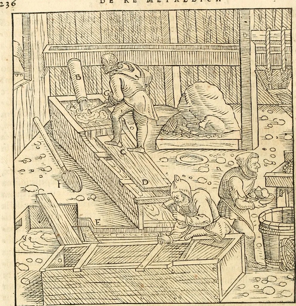 An illustration from Georgii Agricolae De re metallica libri XII. qvibus officia, instrumenta, machinae, ac omnia deni ad metallicam spectantia, non modo luculentissimè describuntur, sed & per effigies, suis locis insertas, adiunctis latinis, germanicis appellationibus ita ob oculos ponuntur, ut clarius tradi non possint. Eivsdem De animantibvs svbterraneis liber, ab autore recognitus: cum indicibus diuersis, quicqiuid in opere tractatum est, pulchré demonstrantibus, 1556, leaf 255