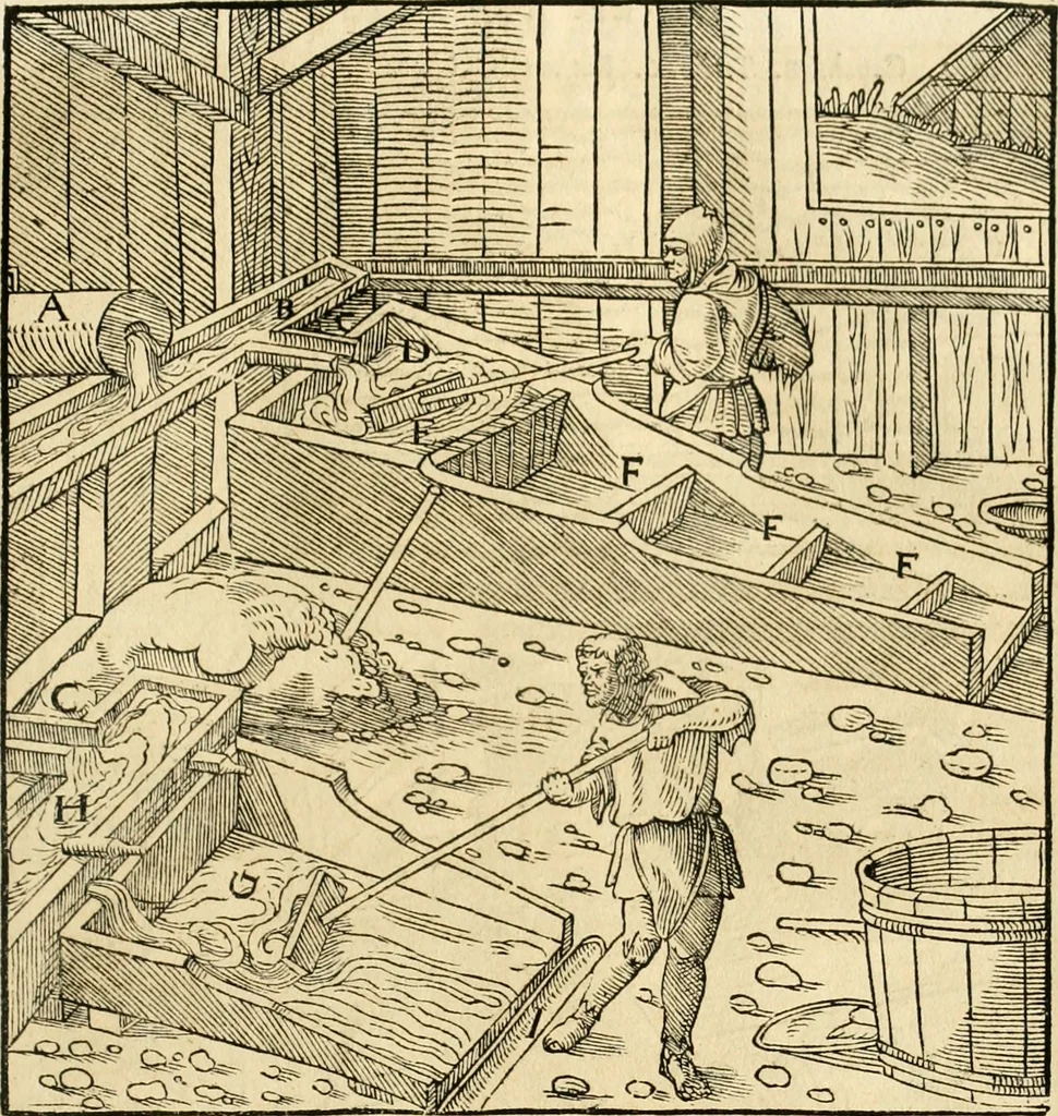 An illustration from Georgii Agricolae De re metallica libri XII. qvibus officia, instrumenta, machinae, ac omnia deni ad metallicam spectantia, non modo luculentissimè describuntur, sed & per effigies, suis locis insertas, adiunctis latinis, germanicis appellationibus ita ob oculos ponuntur, ut clarius tradi non possint. Eivsdem De animantibvs svbterraneis liber, ab autore recognitus: cum indicibus diuersis, quicqiuid in opere tractatum est, pulchré demonstrantibus, 1556, leaf 256