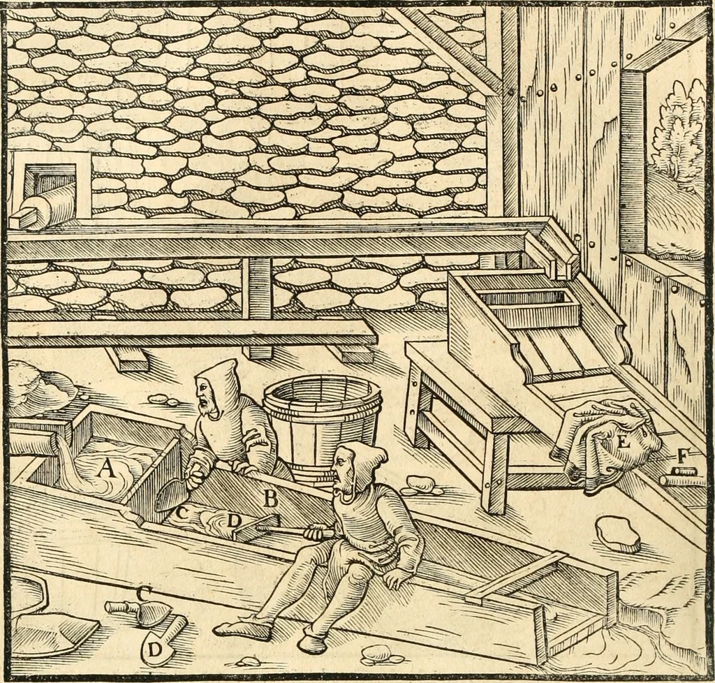 An illustration from Georgii Agricolae De re metallica libri XII. qvibus officia, instrumenta, machinae, ac omnia deni ad metallicam spectantia, non modo luculentissimè describuntur, sed & per effigies, suis locis insertas, adiunctis latinis, germanicis appellationibus ita ob oculos ponuntur, ut clarius tradi non possint. Eivsdem De animantibvs svbterraneis liber, ab autore recognitus: cum indicibus diuersis, quicqiuid in opere tractatum est, pulchré demonstrantibus, 1556, leaf 257