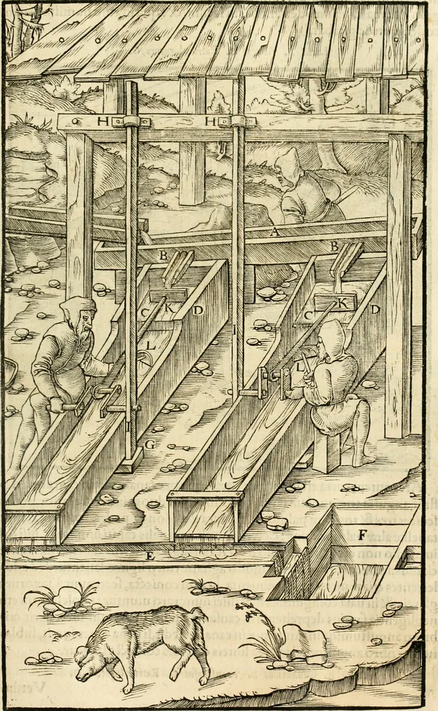 An illustration from Georgii Agricolae De re metallica libri XII. qvibus officia, instrumenta, machinae, ac omnia deni ad metallicam spectantia, non modo luculentissimè describuntur, sed & per effigies, suis locis insertas, adiunctis latinis, germanicis appellationibus ita ob oculos ponuntur, ut clarius tradi non possint. Eivsdem De animantibvs svbterraneis liber, ab autore recognitus: cum indicibus diuersis, quicqiuid in opere tractatum est, pulchré demonstrantibus, 1556, leaf 258