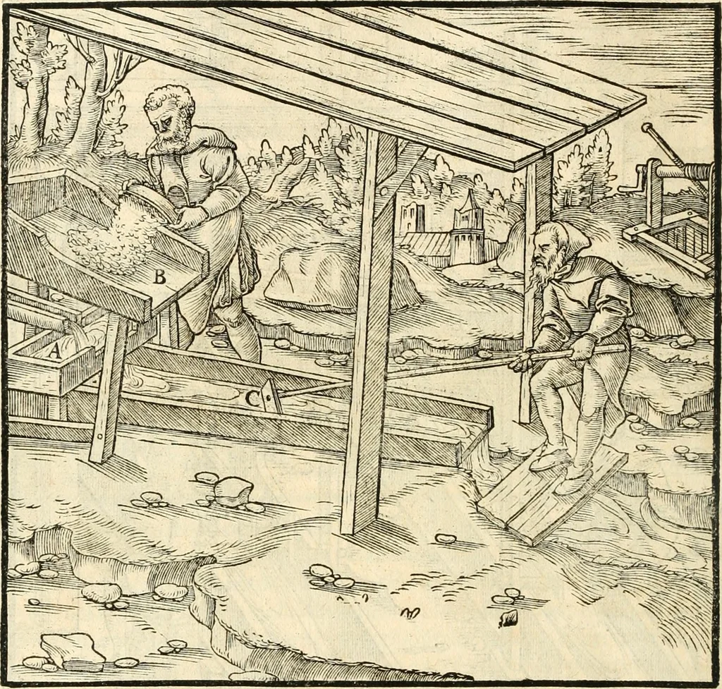 An illustration from Georgii Agricolae De re metallica libri XII. qvibus officia, instrumenta, machinae, ac omnia deni ad metallicam spectantia, non modo luculentissimè describuntur, sed & per effigies, suis locis insertas, adiunctis latinis, germanicis appellationibus ita ob oculos ponuntur, ut clarius tradi non possint. Eivsdem De animantibvs svbterraneis liber, ab autore recognitus: cum indicibus diuersis, quicqiuid in opere tractatum est, pulchré demonstrantibus, 1556, leaf 259