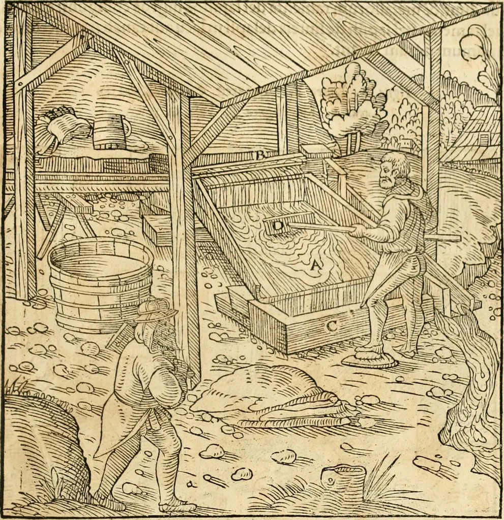 An illustration from Georgii Agricolae De re metallica libri XII. qvibus officia, instrumenta, machinae, ac omnia deni ad metallicam spectantia, non modo luculentissimè describuntur, sed & per effigies, suis locis insertas, adiunctis latinis, germanicis appellationibus ita ob oculos ponuntur, ut clarius tradi non possint. Eivsdem De animantibvs svbterraneis liber, ab autore recognitus: cum indicibus diuersis, quicqiuid in opere tractatum est, pulchré demonstrantibus, 1556, leaf 260