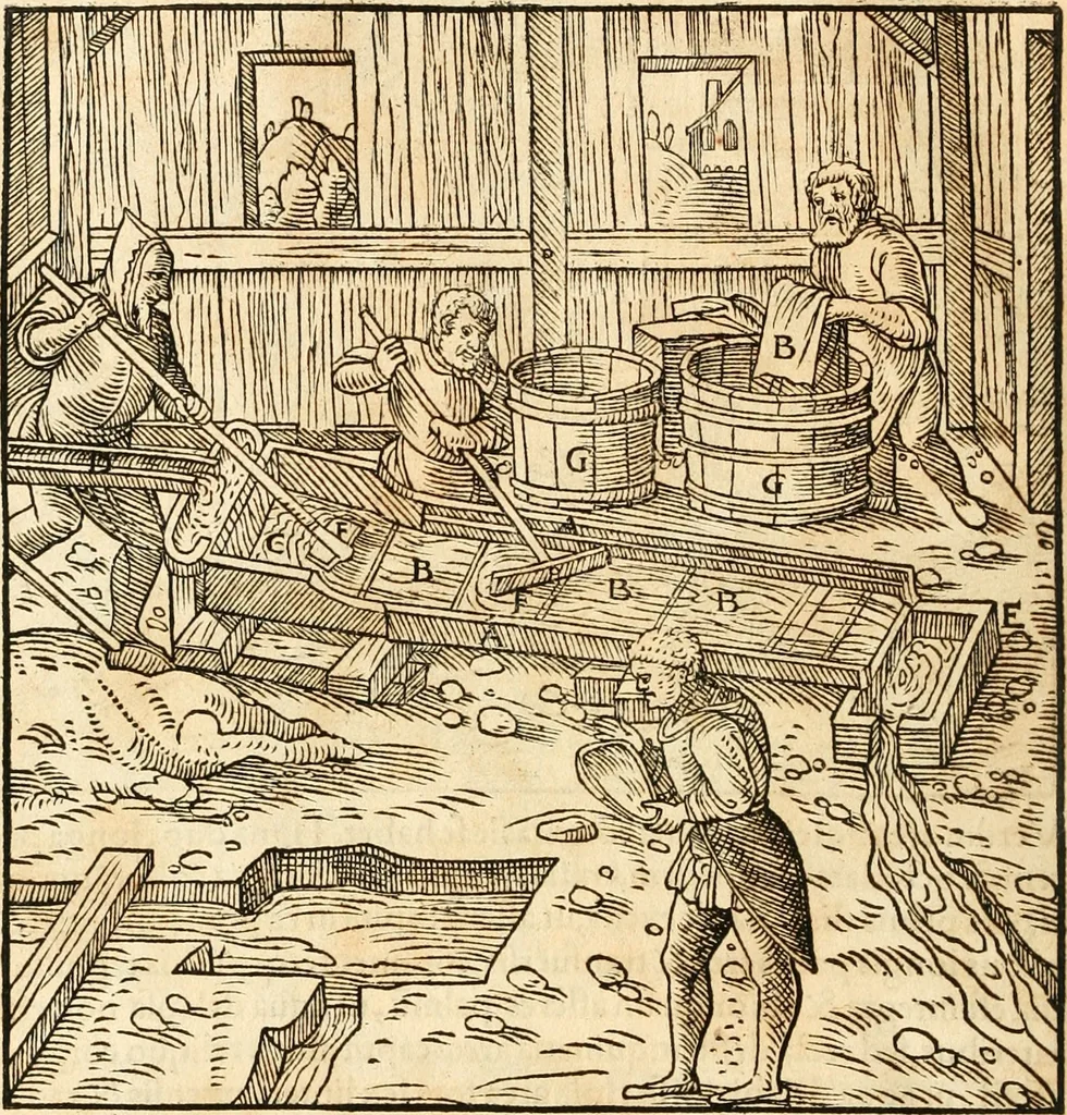 An illustration from Georgii Agricolae De re metallica libri XII. qvibus officia, instrumenta, machinae, ac omnia deni ad metallicam spectantia, non modo luculentissimè describuntur, sed & per effigies, suis locis insertas, adiunctis latinis, germanicis appellationibus ita ob oculos ponuntur, ut clarius tradi non possint. Eivsdem De animantibvs svbterraneis liber, ab autore recognitus: cum indicibus diuersis, quicqiuid in opere tractatum est, pulchré demonstrantibus, 1556, leaf 261