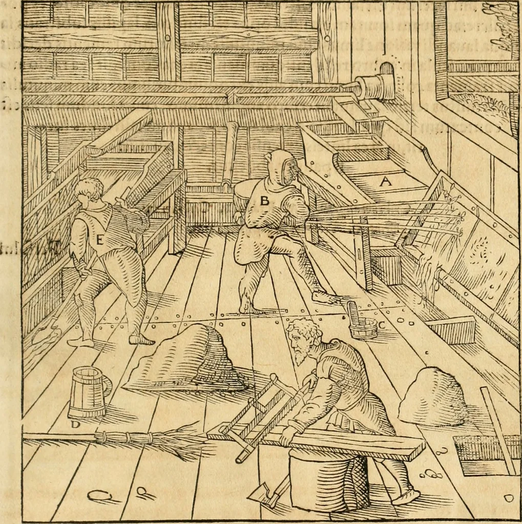 An illustration from Georgii Agricolae De re metallica libri XII. qvibus officia, instrumenta, machinae, ac omnia deni ad metallicam spectantia, non modo luculentissimè describuntur, sed & per effigies, suis locis insertas, adiunctis latinis, germanicis appellationibus ita ob oculos ponuntur, ut clarius tradi non possint. Eivsdem De animantibvs svbterraneis liber, ab autore recognitus: cum indicibus diuersis, quicqiuid in opere tractatum est, pulchré demonstrantibus, 1556, leaf 262