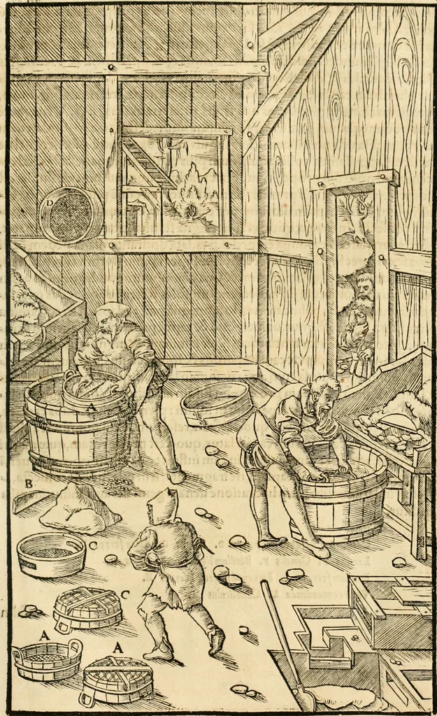 An illustration from Georgii Agricolae De re metallica libri XII. qvibus officia, instrumenta, machinae, ac omnia deni ad metallicam spectantia, non modo luculentissimè describuntur, sed & per effigies, suis locis insertas, adiunctis latinis, germanicis appellationibus ita ob oculos ponuntur, ut clarius tradi non possint. Eivsdem De animantibvs svbterraneis liber, ab autore recognitus: cum indicibus diuersis, quicqiuid in opere tractatum est, pulchré demonstrantibus, 1556, leaf 264