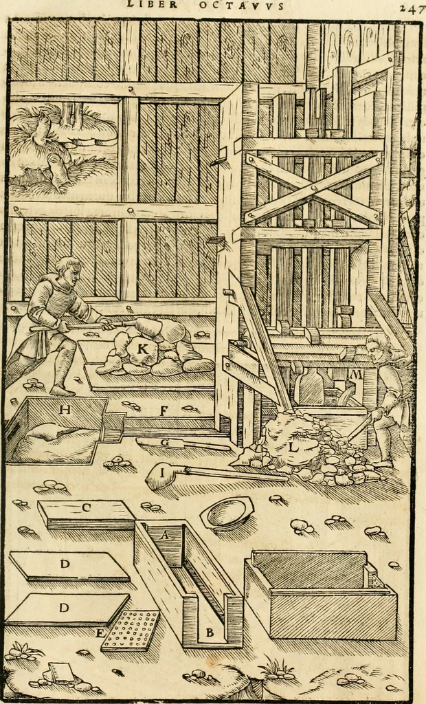 An illustration from Georgii Agricolae De re metallica libri XII. qvibus officia, instrumenta, machinae, ac omnia deni ad metallicam spectantia, non modo luculentissimè describuntur, sed & per effigies, suis locis insertas, adiunctis latinis, germanicis appellationibus ita ob oculos ponuntur, ut clarius tradi non possint. Eivsdem De animantibvs svbterraneis liber, ab autore recognitus: cum indicibus diuersis, quicqiuid in opere tractatum est, pulchré demonstrantibus, 1556, leaf 266