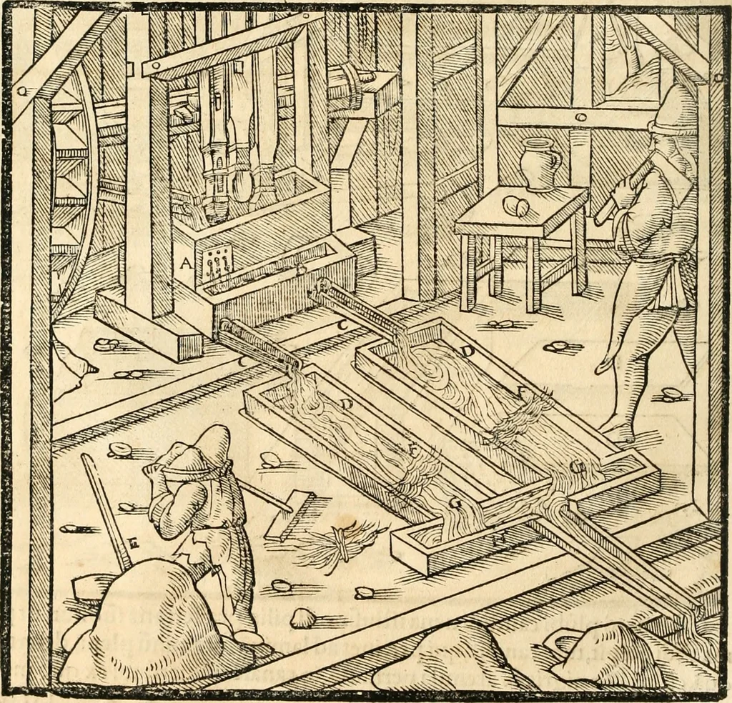 An illustration from Georgii Agricolae De re metallica libri XII. qvibus officia, instrumenta, machinae, ac omnia deni ad metallicam spectantia, non modo luculentissimè describuntur, sed & per effigies, suis locis insertas, adiunctis latinis, germanicis appellationibus ita ob oculos ponuntur, ut clarius tradi non possint. Eivsdem De animantibvs svbterraneis liber, ab autore recognitus: cum indicibus diuersis, quicqiuid in opere tractatum est, pulchré demonstrantibus, 1556, leaf 267