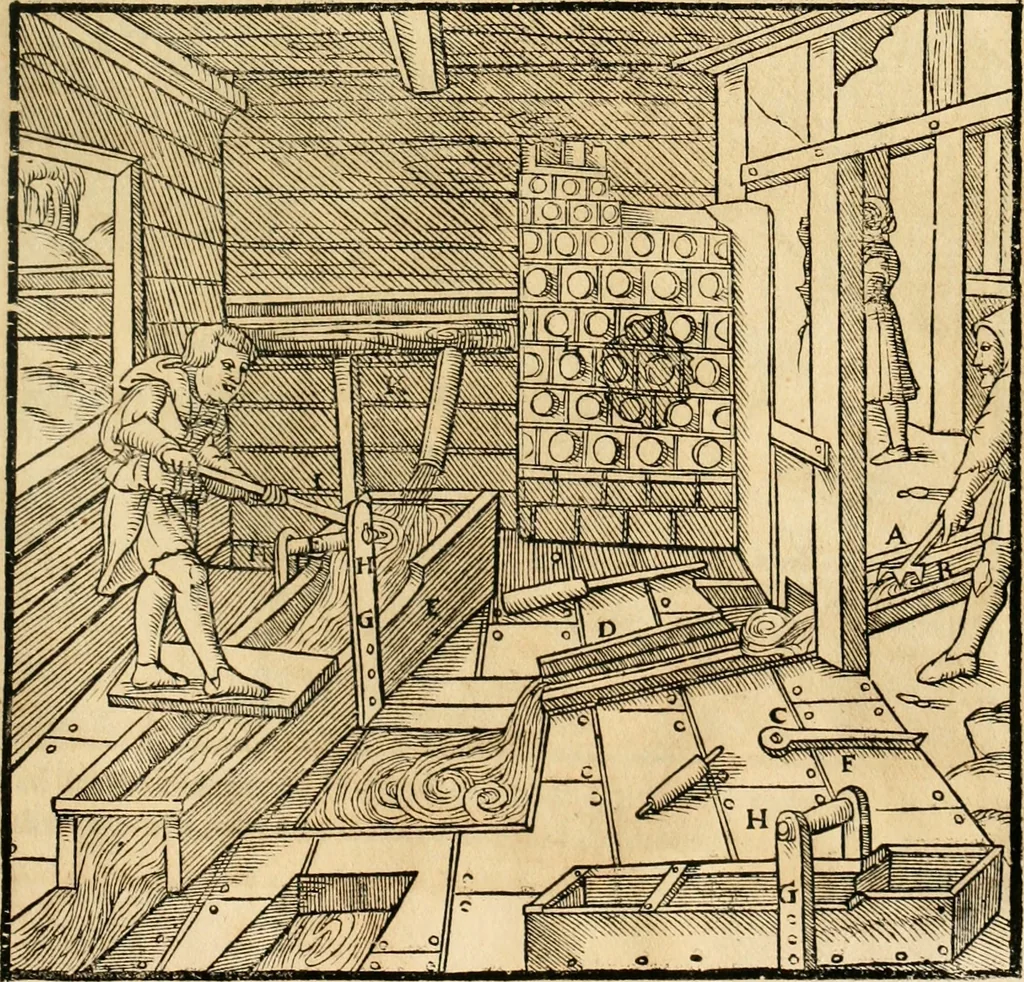 An illustration from Georgii Agricolae De re metallica libri XII. qvibus officia, instrumenta, machinae, ac omnia deni ad metallicam spectantia, non modo luculentissimè describuntur, sed & per effigies, suis locis insertas, adiunctis latinis, germanicis appellationibus ita ob oculos ponuntur, ut clarius tradi non possint. Eivsdem De animantibvs svbterraneis liber, ab autore recognitus: cum indicibus diuersis, quicqiuid in opere tractatum est, pulchré demonstrantibus, 1556, leaf 268