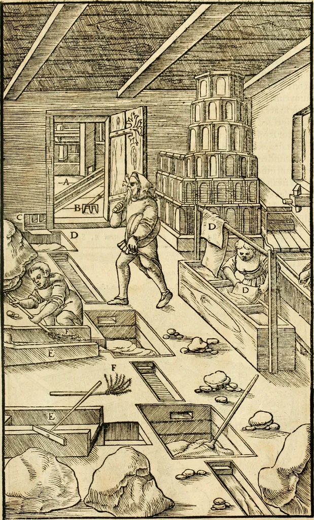 An illustration from Georgii Agricolae De re metallica libri XII. qvibus officia, instrumenta, machinae, ac omnia deni ad metallicam spectantia, non modo luculentissimè describuntur, sed & per effigies, suis locis insertas, adiunctis latinis, germanicis appellationibus ita ob oculos ponuntur, ut clarius tradi non possint. Eivsdem De animantibvs svbterraneis liber, ab autore recognitus: cum indicibus diuersis, quicqiuid in opere tractatum est, pulchré demonstrantibus, 1556, leaf 270