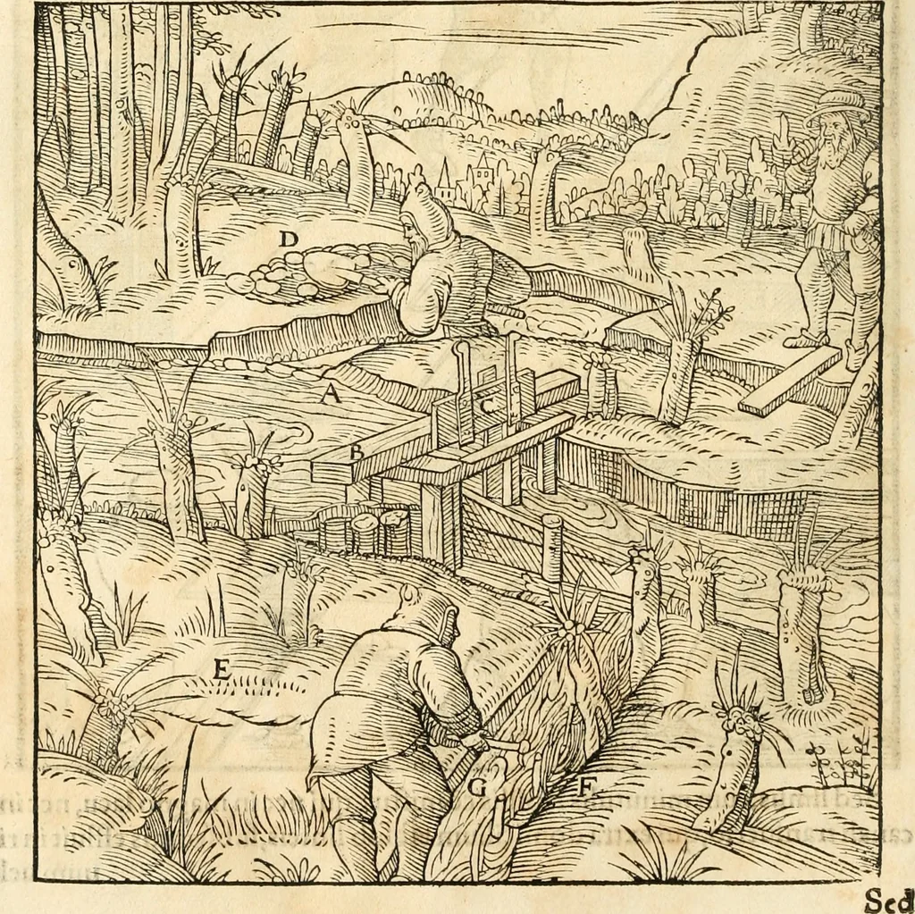 An illustration from Georgii Agricolae De re metallica libri XII. qvibus officia, instrumenta, machinae, ac omnia deni ad metallicam spectantia, non modo luculentissimè describuntur, sed & per effigies, suis locis insertas, adiunctis latinis, germanicis appellationibus ita ob oculos ponuntur, ut clarius tradi non possint. Eivsdem De animantibvs svbterraneis liber, ab autore recognitus: cum indicibus diuersis, quicqiuid in opere tractatum est, pulchré demonstrantibus, 1556, leaf 271