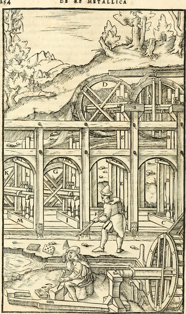 An illustration from Georgii Agricolae De re metallica libri XII. qvibus officia, instrumenta, machinae, ac omnia deni ad metallicam spectantia, non modo luculentissimè describuntur, sed & per effigies, suis locis insertas, adiunctis latinis, germanicis appellationibus ita ob oculos ponuntur, ut clarius tradi non possint. Eivsdem De animantibvs svbterraneis liber, ab autore recognitus: cum indicibus diuersis, quicqiuid in opere tractatum est, pulchré demonstrantibus, 1556, leaf 273