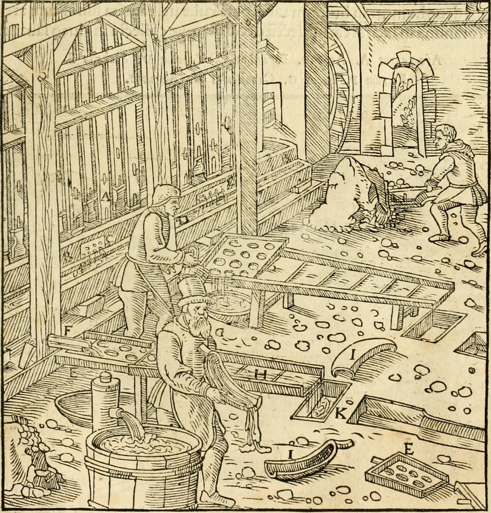 An illustration from Georgii Agricolae De re metallica libri XII. qvibus officia, instrumenta, machinae, ac omnia deni ad metallicam spectantia, non modo luculentissimè describuntur, sed & per effigies, suis locis insertas, adiunctis latinis, germanicis appellationibus ita ob oculos ponuntur, ut clarius tradi non possint. Eivsdem De animantibvs svbterraneis liber, ab autore recognitus: cum indicibus diuersis, quicqiuid in opere tractatum est, pulchré demonstrantibus, 1556, leaf 274